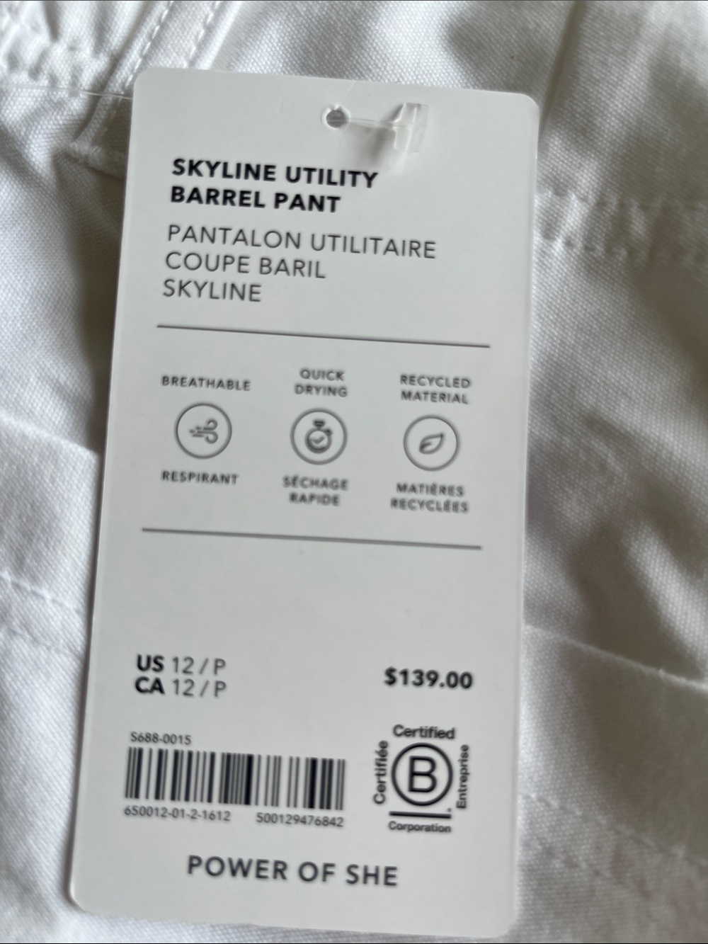 NWT-Athleta White Skyline Utility Barrel  Pant, Size 12 Petite - Picture 8 of 8